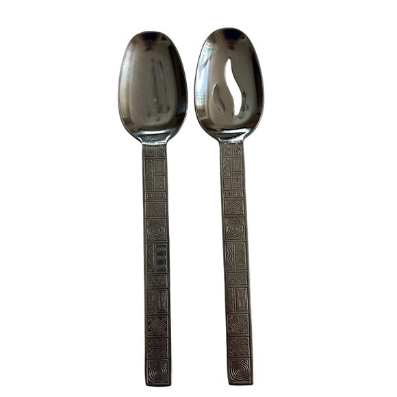 Serving Spoon Stainless Steel Aztec Pattern JPF3 JCPenney Flatware Slotted 2 PCS - Picture 1 of 13